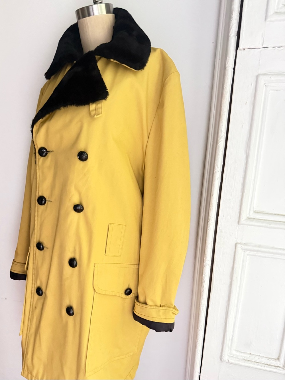 Vintage Cresco Mustard Faux Fur Lined Car Coat Double Breasted Size 38 Medium - Picture 2 of 16